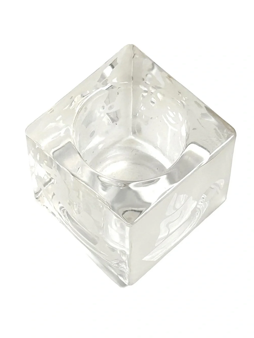 Clear Glass Candle Holder with Teddy Bear and Other Etchings, Square Design